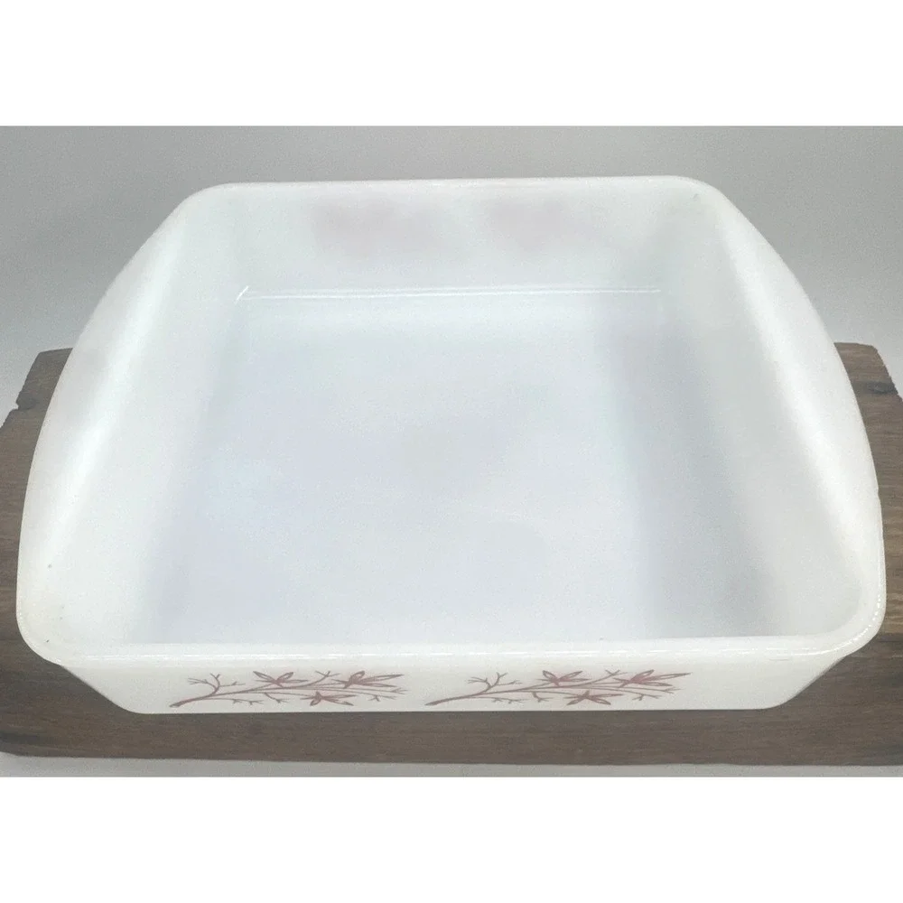 Vintage Glasbake J-247-14 Casserole Dish Tree Branch White Milk Glass Baking